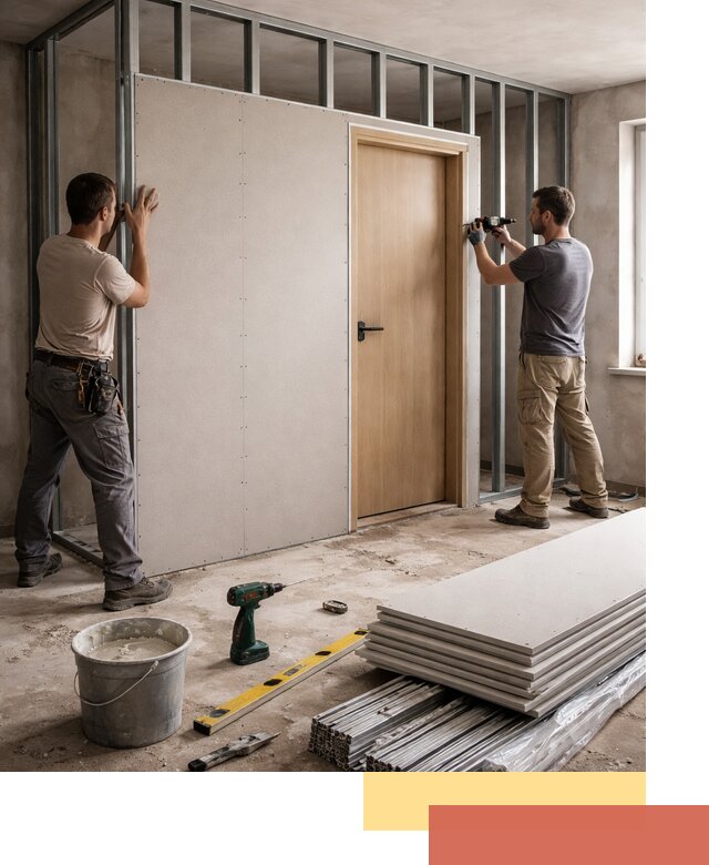 Перегородка из гипсокартона с дверью под ключ в Рассказово