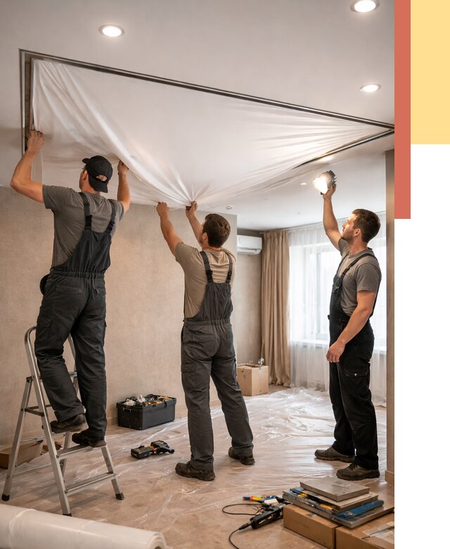 Монтаж ПВХ натяжного потолка в Рассказово от 3575 руб. под ключ | ОТДЕЛОЧНИК-Рсз