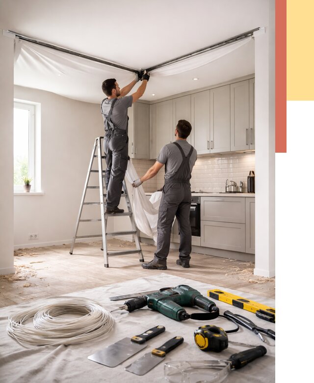 Установка натяжного потолка на кухне в Рассказово от 2452 руб. | ОТДЕЛОЧНИК-Рсз